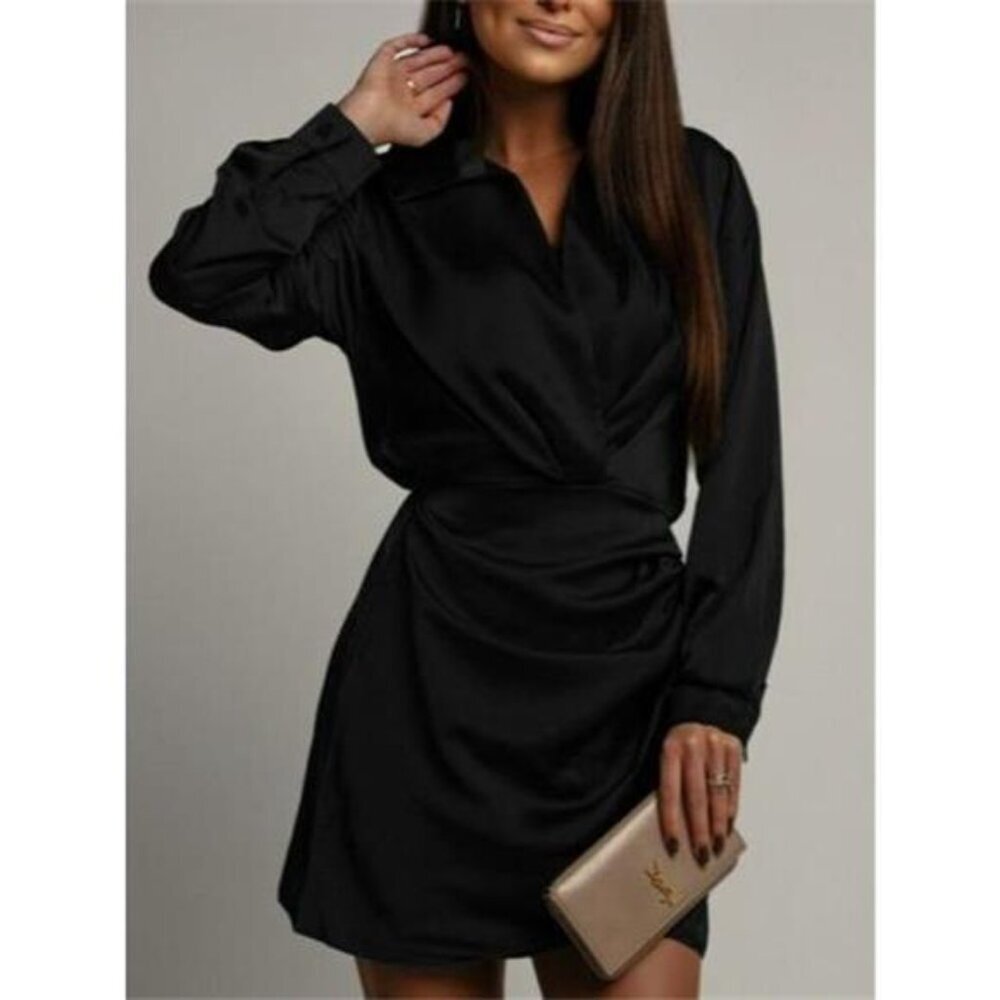 Collared Neck Long Sleeve Satin Dress